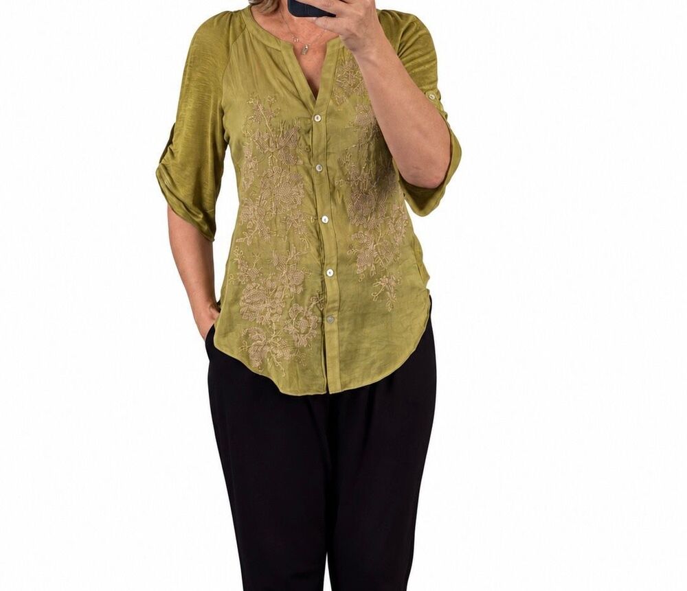 TINY Anthropologie Olive Green Embroidered Roll Tab Tunic Blouse S